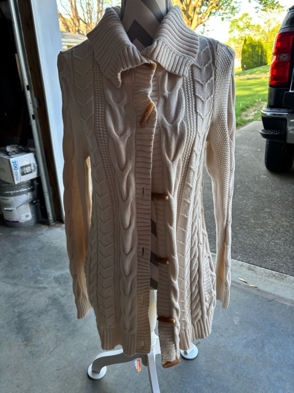 L.L. Bean Women's Cream Cable Knit Cardigan Sweater with Toggle Buttons